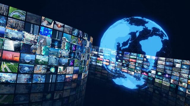 Movie screen and global communication network concept. Broadcasting.