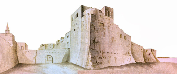 Red Castle - Assaraya al-Hamra in Tripoli. Portrait from Libya 5 Dinars 1972 Banknotes. - obrazy, fototapety, plakaty