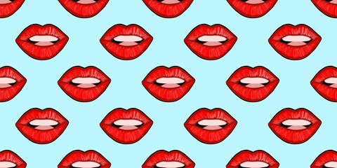 SEAMLESS LIP PATTERN. Pop art pattern. America of the 60s. Bright stylish ornament with lips. Vector design for printing on fabric and textile, wrapping paper. Wallpaper for walls