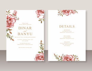 Elegant wedding invitation with rose red watercolor