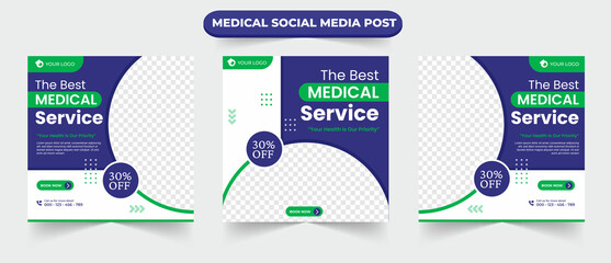 Set of medical healthcare service social media post square design for hospital doctor clinic and dentist health business marketing ads banner templates