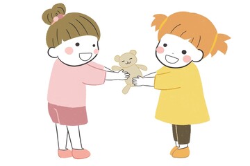 おもちゃのぬいぐるみを仲良く貸し借りする女の子たち