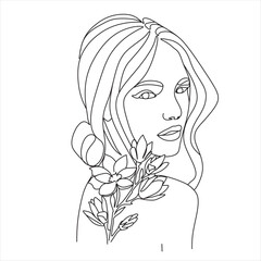 Woman face with flowers. Line art female hands with butterflies. One line vector drawing. Portrait minimalistic style. Botanical print. Nature symbol of cosmetics.