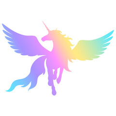 Silhouette of a winged cute rainbow unicorn.