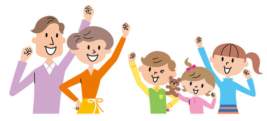 家族　5人　両親と子供達　ガッツポーズ　元気　イラスト