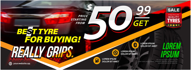Tyre banner design. Advertisement car wheel poster. Promo action. Black friday. Discount program.