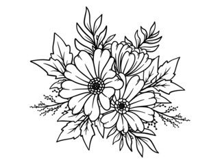 Flowers Line Art Frame Sublimation. Hand drawn flower sketch line art illustration