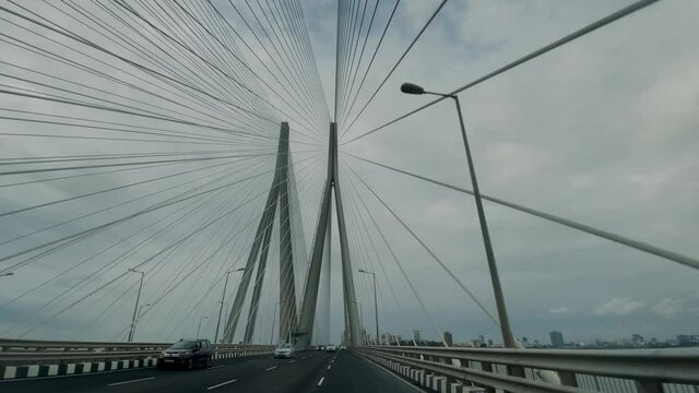 Wide View Of Bandra Worli Sea Link In Mumbai, India On A Cloudy Day - POV
