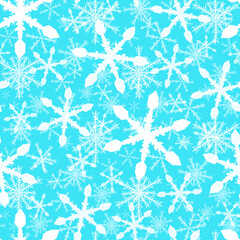 Winter frosty pattern with snowflakes and ice on a blue background. 