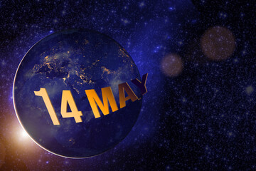 May 14th. Day 14 of month, Calendar date. Earth globe planet with sunrise and calendar day. Elements of this image furnished by NASA. Spring month, day of the year concept.