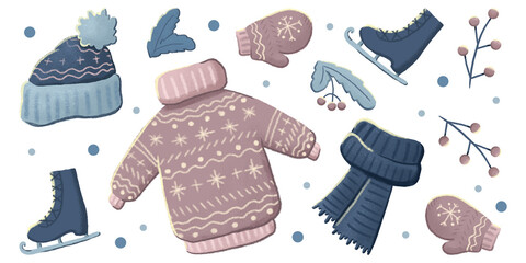 Warm winter clothes. A set of illustrations on a white background.