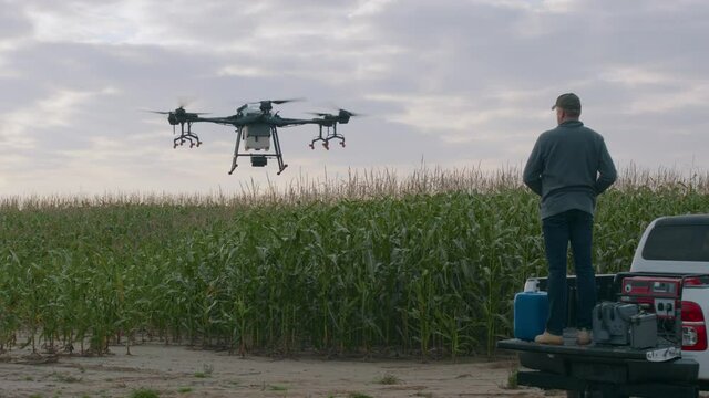 Farmer is landing his huge intelligent agriculture drone with spray nozzles near corn field early in the morning