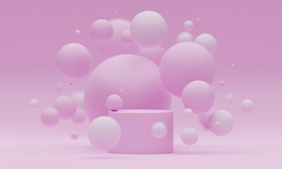 3d mock up podium with flying spheres or balls on a light pink background. Bright stylish Modern platform for product or cosmetics presentation. Render scene with geometric shapes.