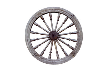old wooden cart wheel isolated on white background