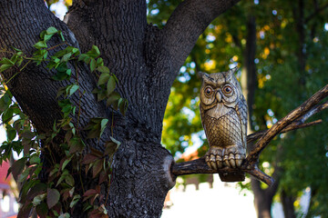 artificial wooden owl sitting on a tree branch