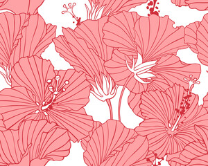 Seamless pattern with inflorescence of hibiscus. Texture with red blossoms for fabric, home decor. Floral print with flowers. A drawing with ink contours of plants. Tropical trendy exotic background. - 461631398