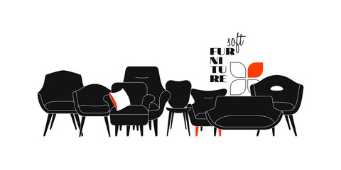 Background with soft furniture from the 60s. Illustration in retro style. Vector banner on the white background with couch, divan, sofa, chair, armchair. Silhouettes of vintage pieces of furnitures. - 461631399