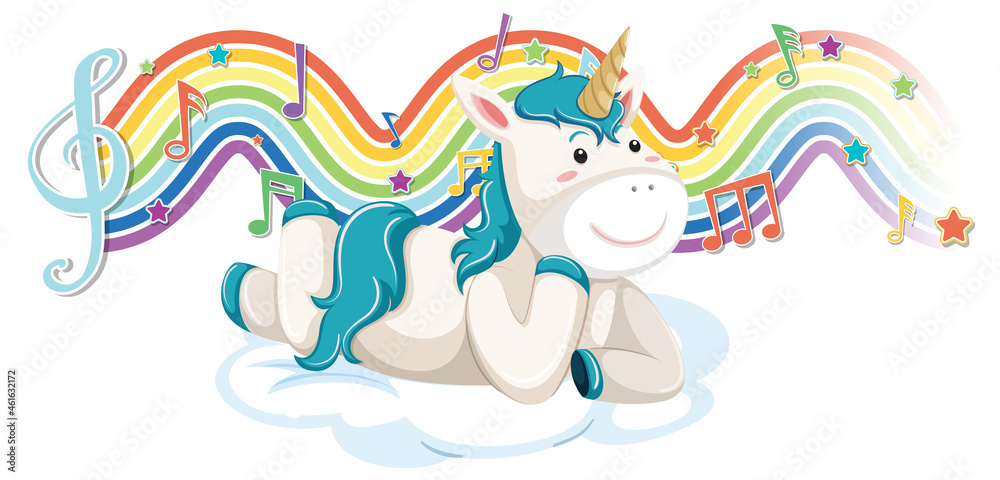 Poster unicorn laying on the cloud with melody symbols on rainbow wave