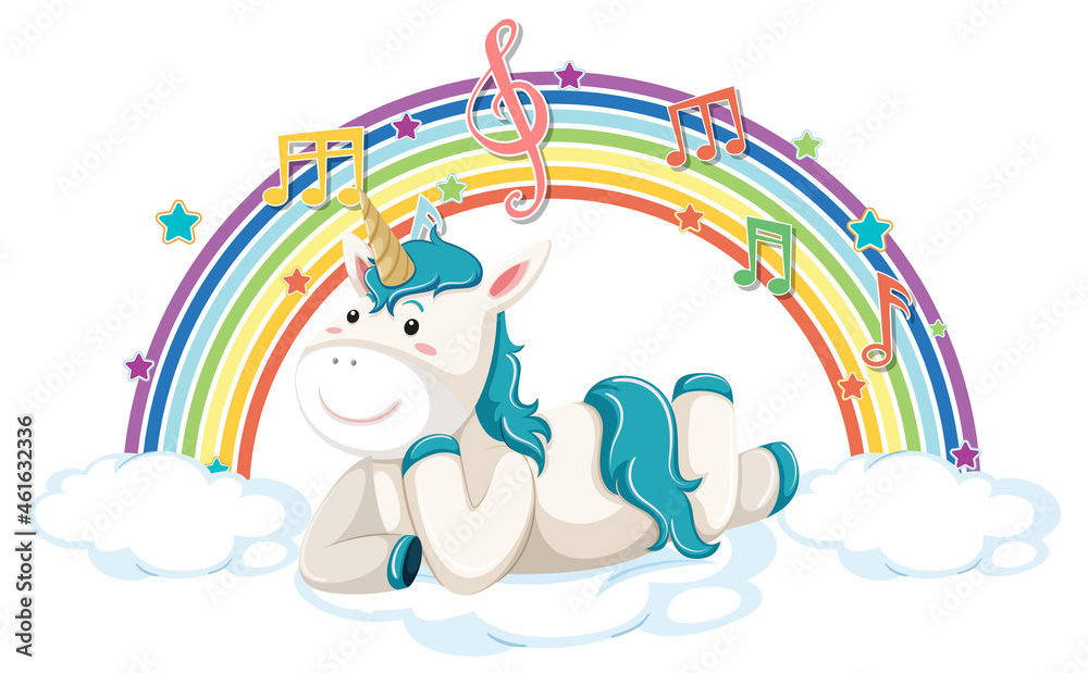 Sticker Unicorn laying on cloud with rainbow and melody symbol