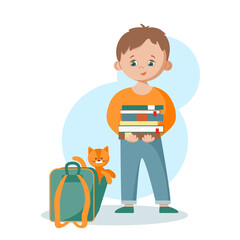 The boy collects books in a school backpack. The kitten accompanies the child to school. Vector on an isolated background. Flat cartoon style. Drawing for a postcard, cover, poster.