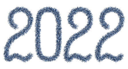 Tinsel. 2022. Lettering from a festive Christmas decoration. Fluffy numbers in blue. Vector illustration. Isolated white background. Cute plush message. The coming year. Rustling lettering. 