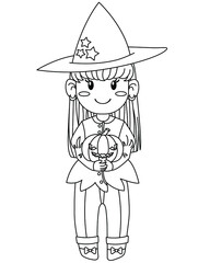 Cute little girl witch wearing traditional hat with pumpkin. Halloween character. Vector illustration for coloring page, print, greeting and invitation card.