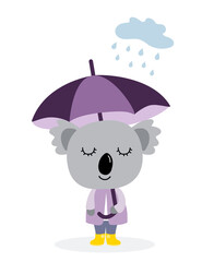 Cute koala with umbrella and rainy cloud. Isolated on white background. Vector