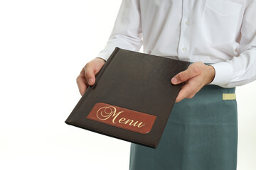 Waiter holds menu, isolated on white background