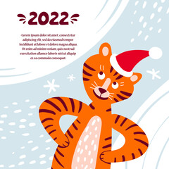 Vector colorful background with funny tiger with new year's hat. Cartoon poster on the theme of  Happy New Year, winter