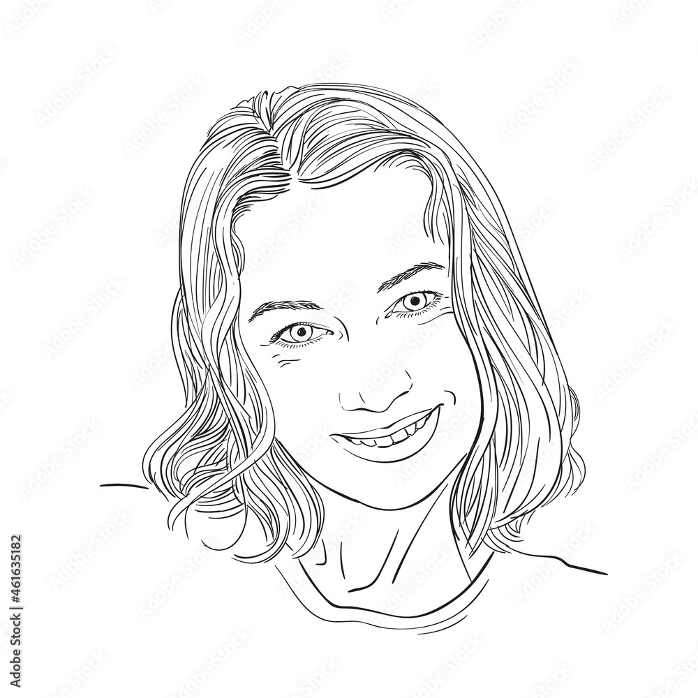 Sticker sketch of beautiful young woman portrait, hand drawn vector illustration