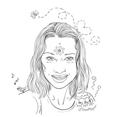 Sketch of beautiful happy magic young woman portrait with flower third eye, bird singing on shoulder, Hand drawn vector illustration