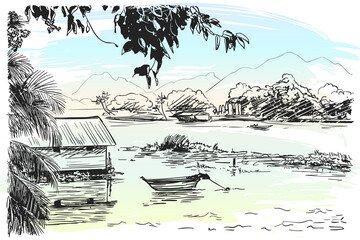 Sketch of boat and house on river in Southeast Asia, Hand drawn vector illustration on watercolor background