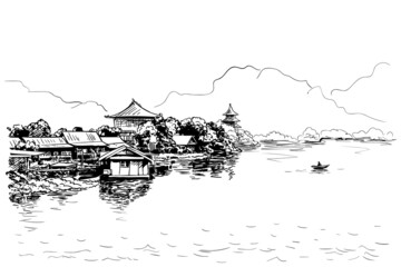 Sketch of village with Buddhist temples on the bank of the river with fishing boat and mountains on background, Southeast asia landscape, Hand drawn vector illustration