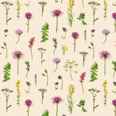 Seamless pattern from varied forest grass and meadow flowers. Flat lay made natural plants