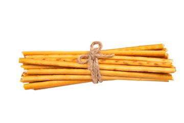 Tasty baked bread sticks with rope isolated on the white background