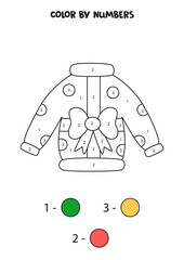 Color cartoon Christmas sweater by numbers. Worksheet for kids.