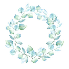 Floral wreath.Garland of a eucalyptus branches.Frame of a herbs.Watercolor hand drawn illustration.It can be used for greeting cards, posters, wedding cards.	
