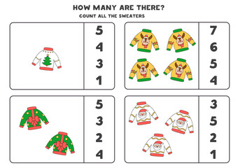 Counting game with Christmas sweaters. Educational worksheet.