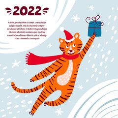 Vector cartoon poster with tiger superhero with a gift. Colorful background on the theme of Happy New Year, Merry Christmas, winter