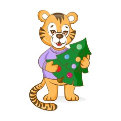 Tiger cub holding a christmas tree cartoon character. Vector illustration.