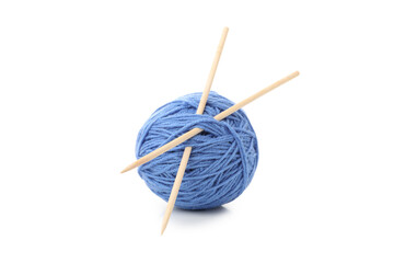Yarn ball with knitting needles, isolated on white background