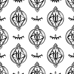 Doodle Psychedelic Eyes Seamless Pattern. Boho Occult Wallpaper and textile surface background. 