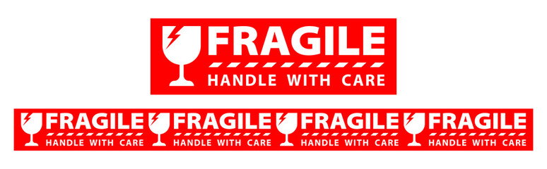 sticker fragile handle with care, red fragile warning label, fragile label with broken glass symbol - obrazy, fototapety, plakaty