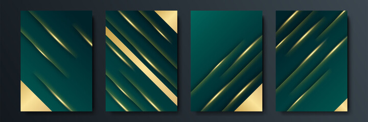 Modern simple dark green and gold glitter abstract geometric background with 3d stripes concept. Abstract wavy luxury dark green and gold background. Graphic design element.