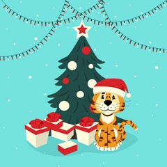 Cute tiger in a santa hat near the Christmas tree. Chinese New Year tiger. Vector illustration in flat style.