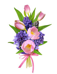 Pink tulips and blue hyacinth flowers in a spring bouquet isolated on white