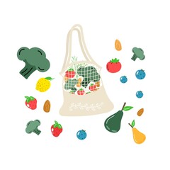 Cotton eco shopping net with vegetables, fruits and healthy drinks. Dairy food in reusable eco friendly shopper bag. Zero waste, plastic free concept. Flat trendy design