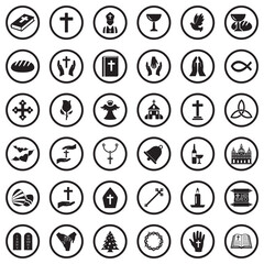 Christianity Icons. Black Flat Design In Circle. Vector Illustration.