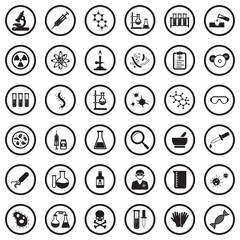 Chemistry Icons. Black Flat Design In Circle. Vector Illustration.