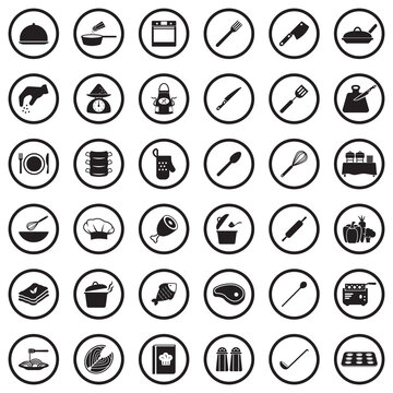 Chef And Cooking Icons. Black Flat Design In Circle. Vector Illustration.
